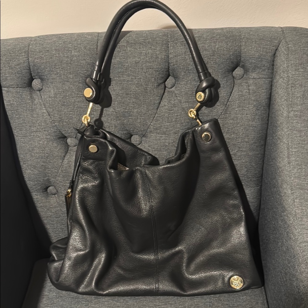 Vince Camuto Black Leather Hobo Bag with Gold Hardware